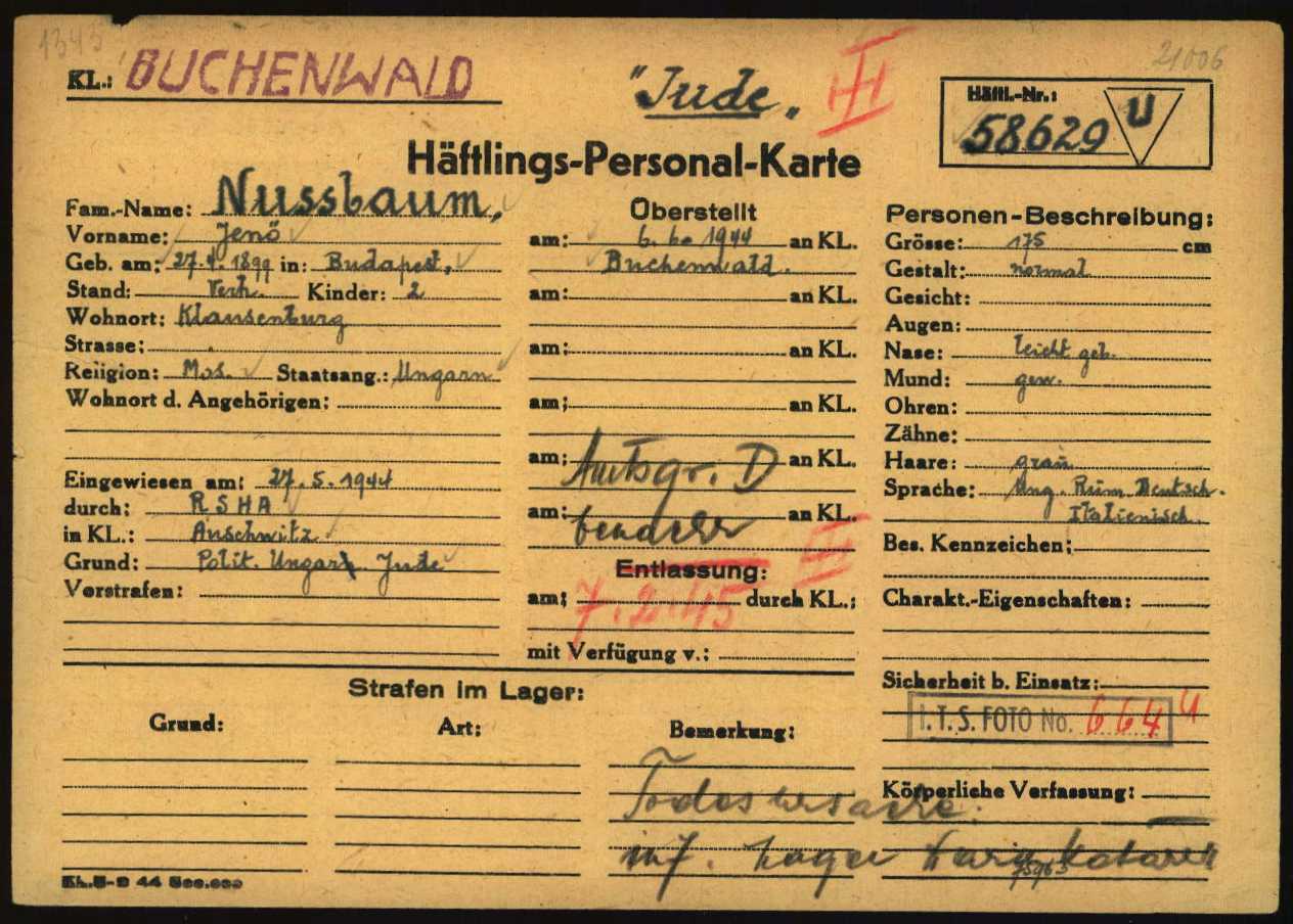 Jenő Nussbaum's prisoner registry card from Buchenwald. His prisoner number (58629) is indicated in the upper right corner. A cross and the date in red pencil ('7.2.45') indicate the fact and date of his death (Arolsen Archives, ITS)
